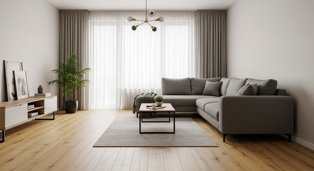 Sunlit living room with warm neutral furnishings
