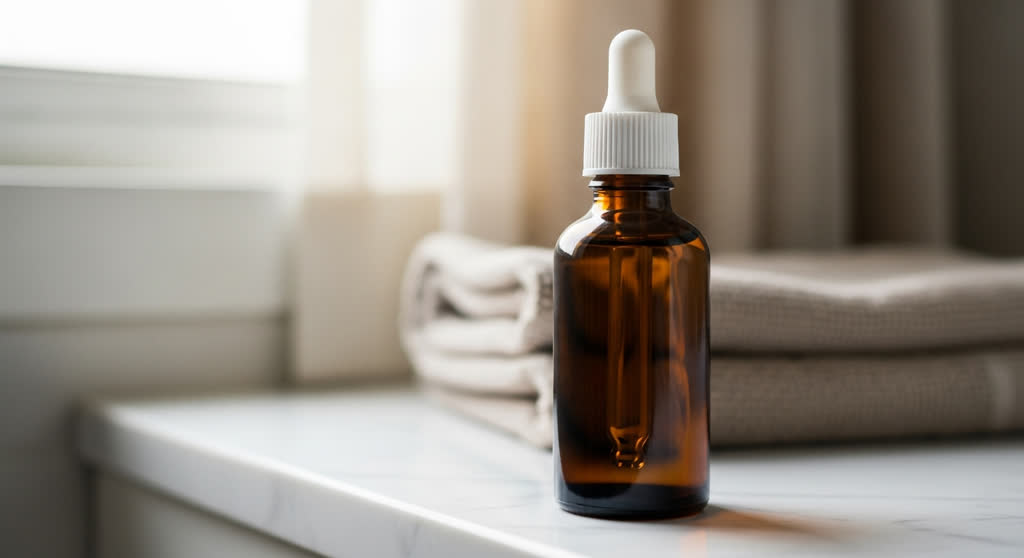 Amber skincare bottle in warm studio light